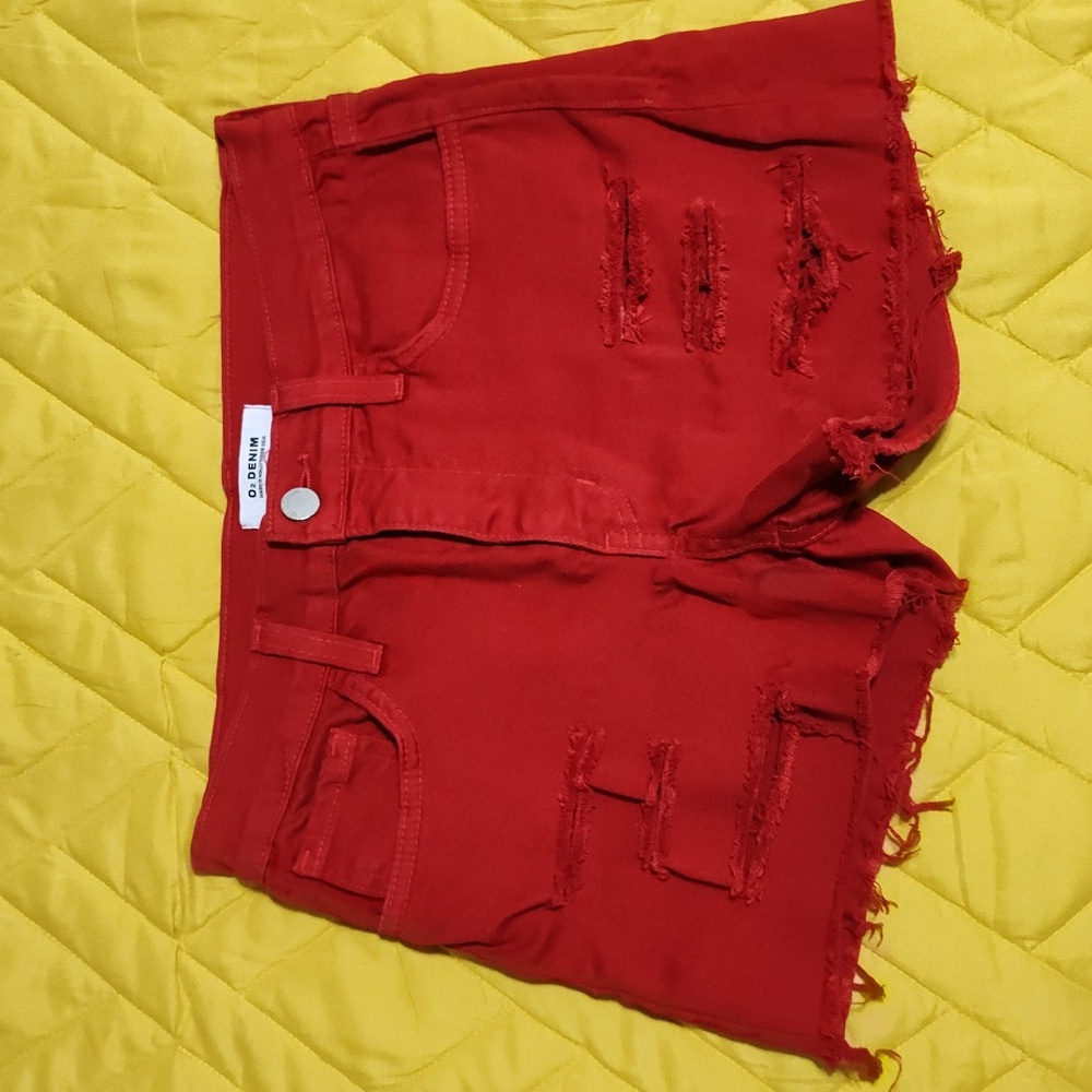 Red Distressed Denim Shorts